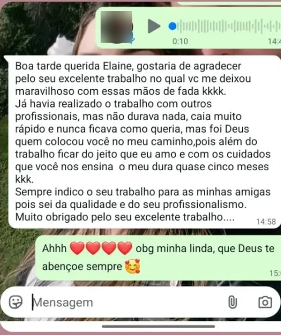 Trecho do print original da mensagem enviada por uma cliente do Studio